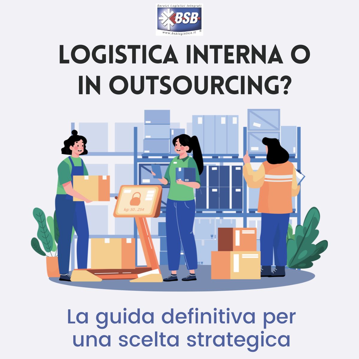 copertina articolo "logistica interna o in outsourcing? La guida definitiva per una scelta strategica" con tre donne che caricano colli su scaffalature di magazzino